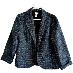 Chico's Tweed Blazer Open Jacket Notch Lapel Lined Formal Blue Black 1 M